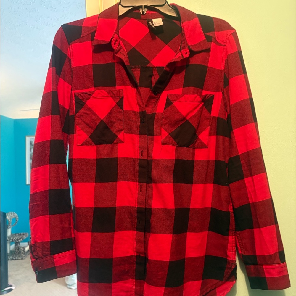 Red and Black Plaid Button-Up Shirt